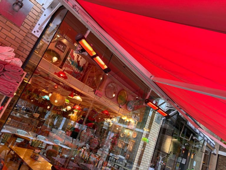 External infrared heaters fitted on restaurant terrace Chelsea SW3