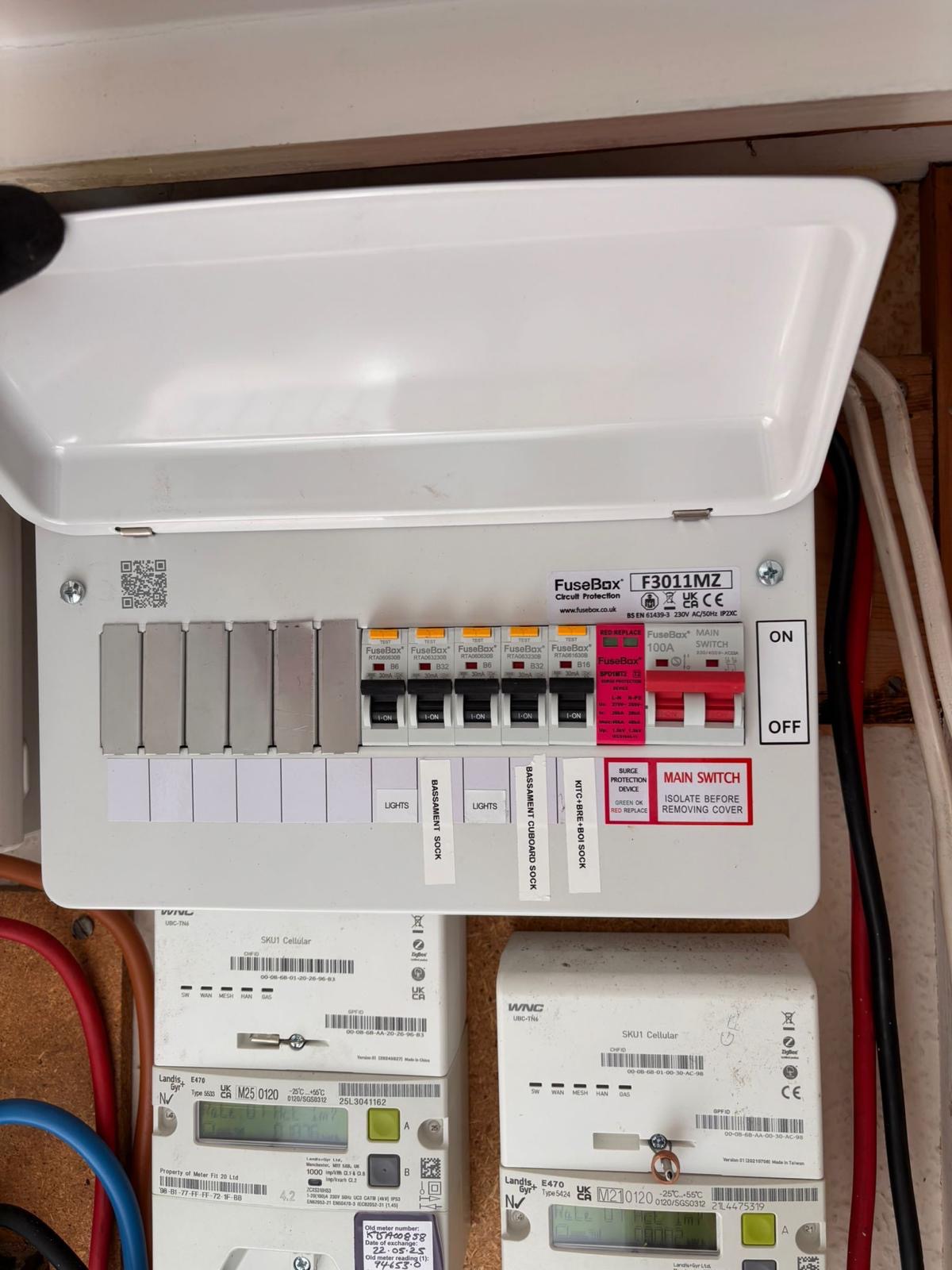 Modern consumer unit with circuit breakers and electrical protection devices installed in a London property