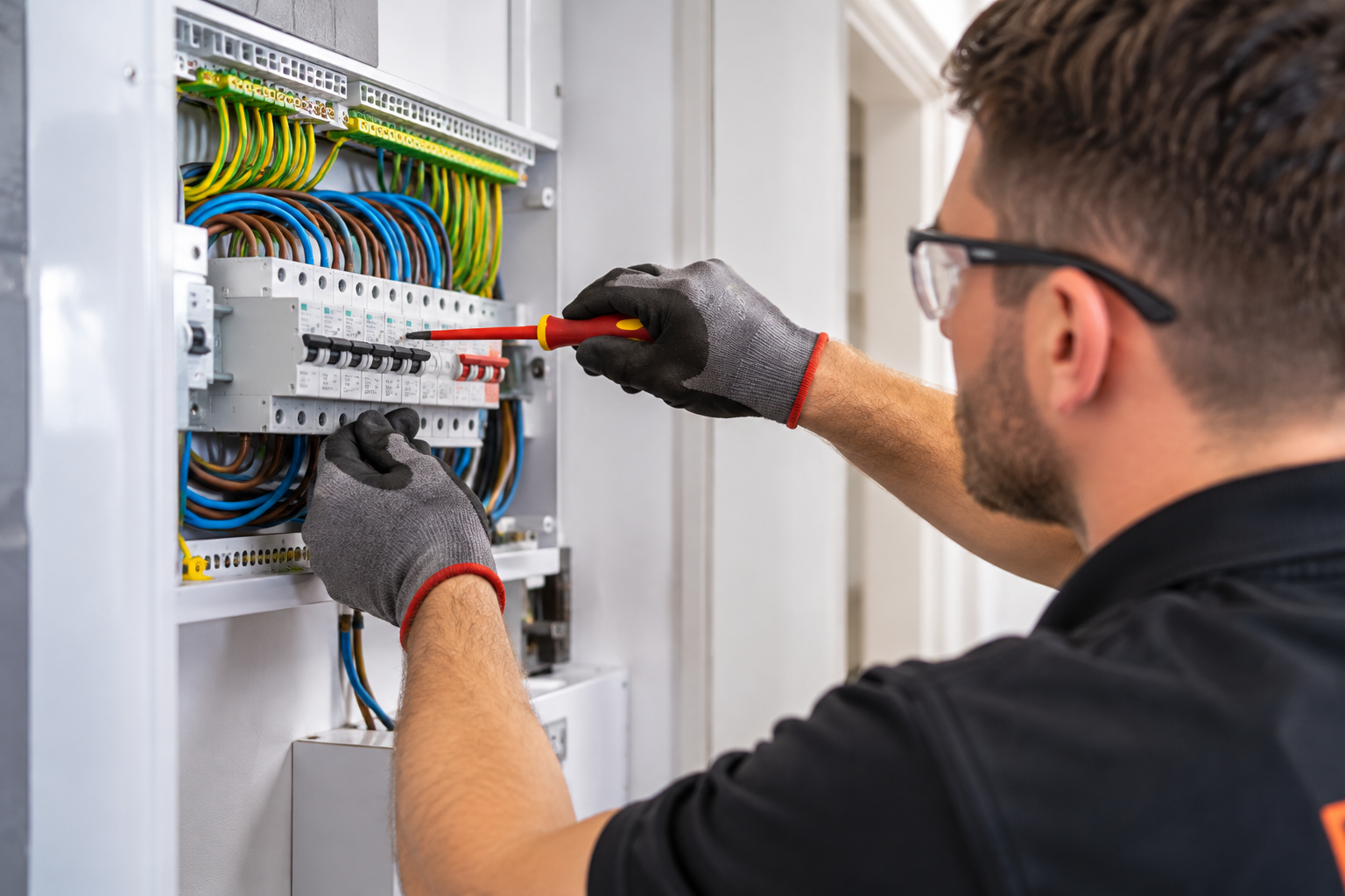 Electrician inspecting circuit breakers during electrical remedial works in London