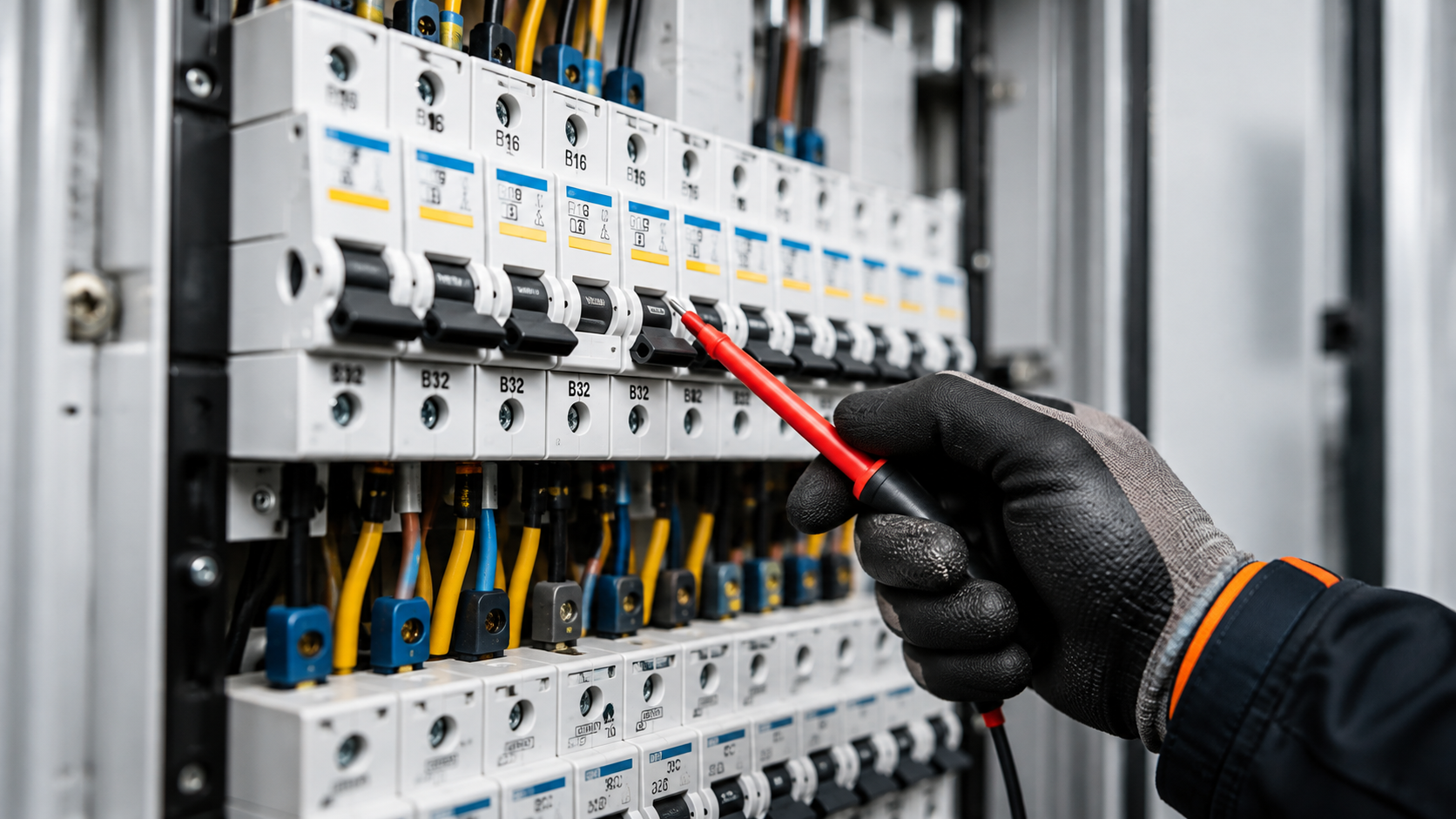 Electrician testing a commercial distribution board during an EICR inspection in London